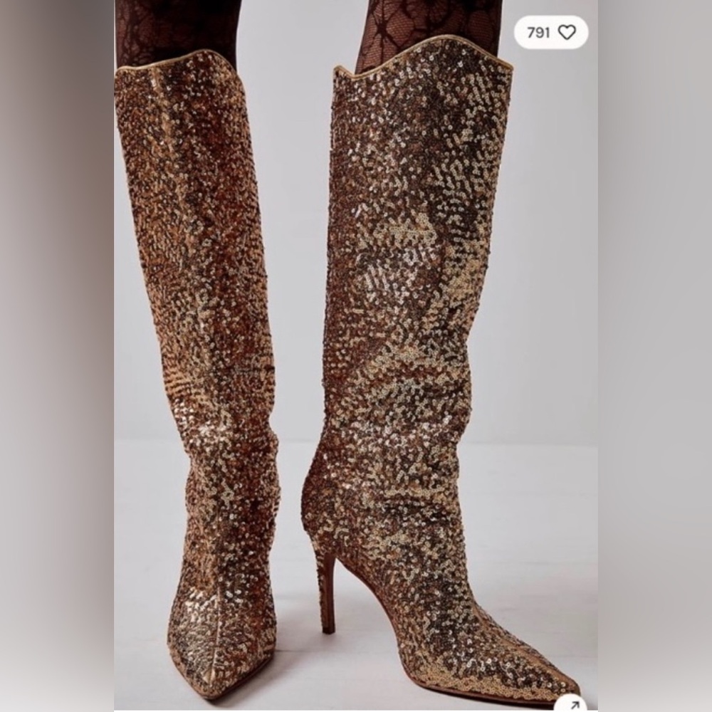 FREE PEOPLE Vicenza AFTER MIDNIGHT-Elegant Gold Sequin Women's Boots EU 37 US 6